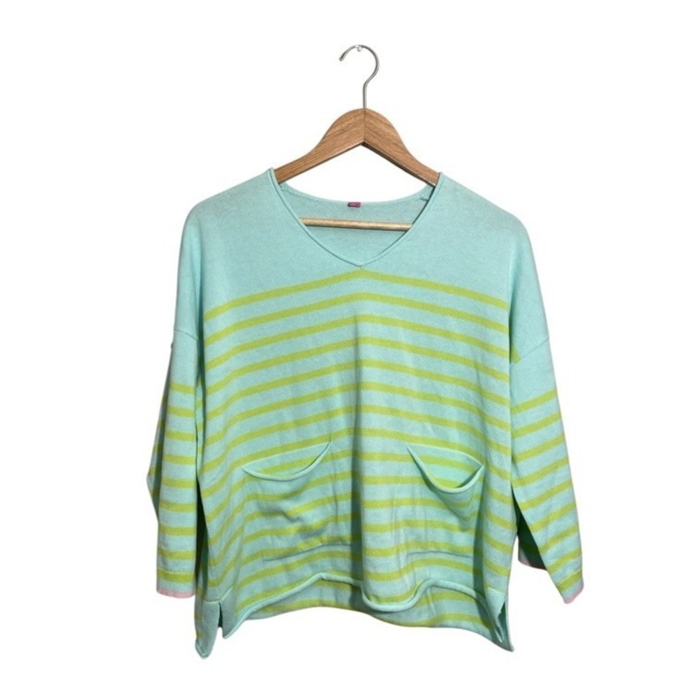 Zaket And‎ Plover Pullover Cotton Sweater Medium Patch Pockets Stripes Blue Lime